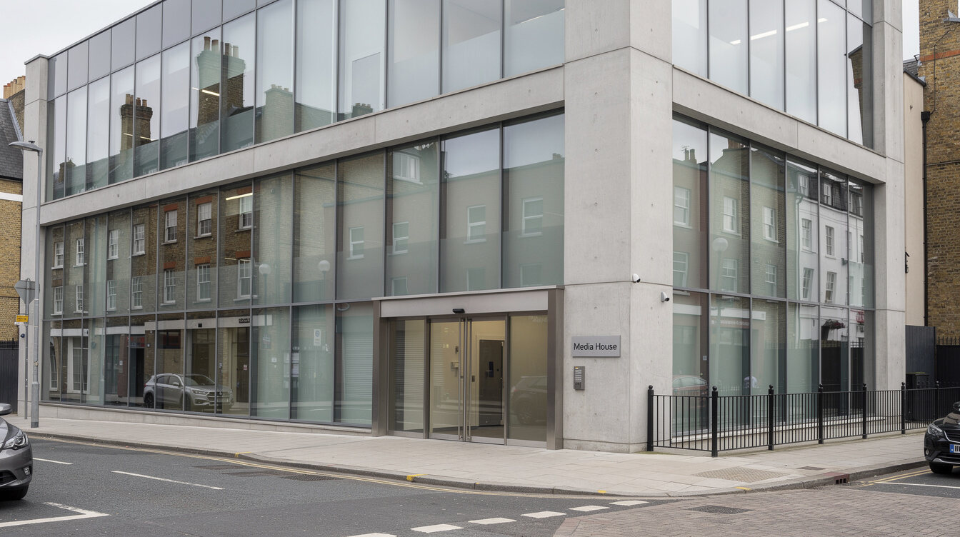 Modern media production facility building exterior