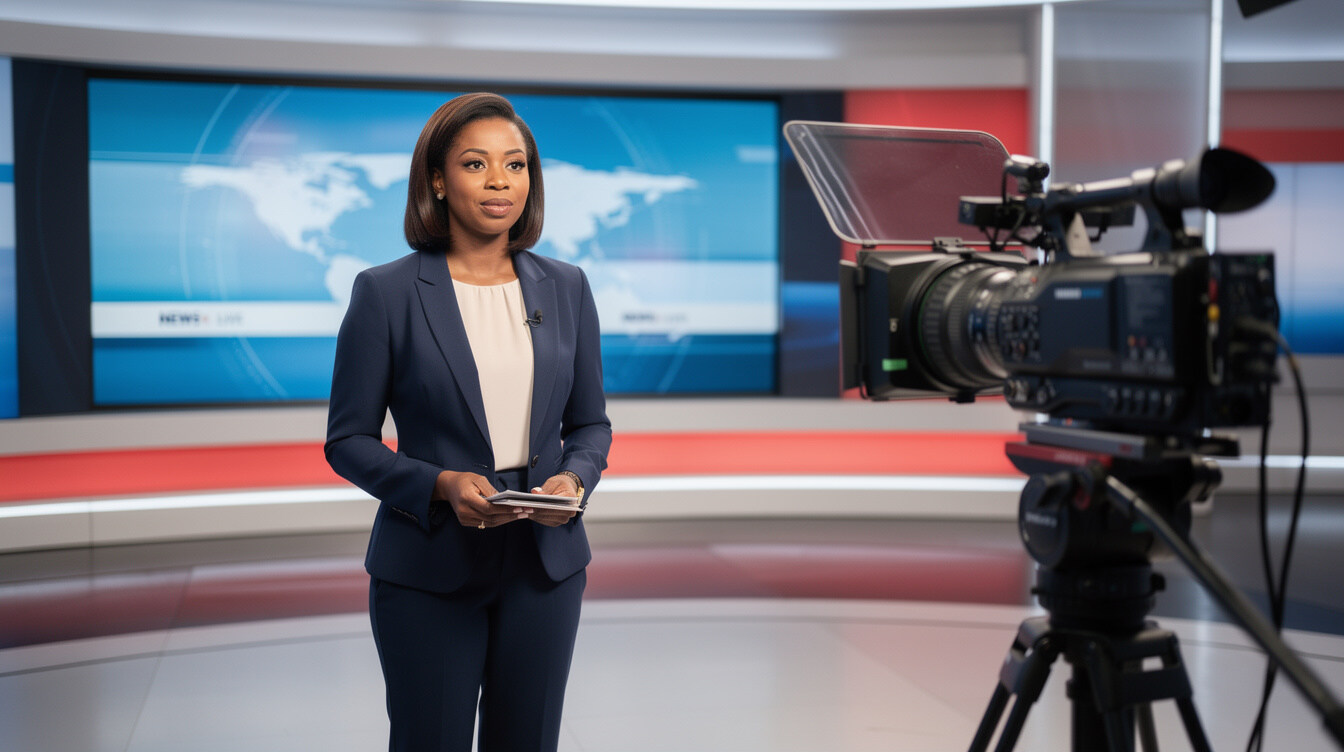 Television presenter reading from a teleprompter on set