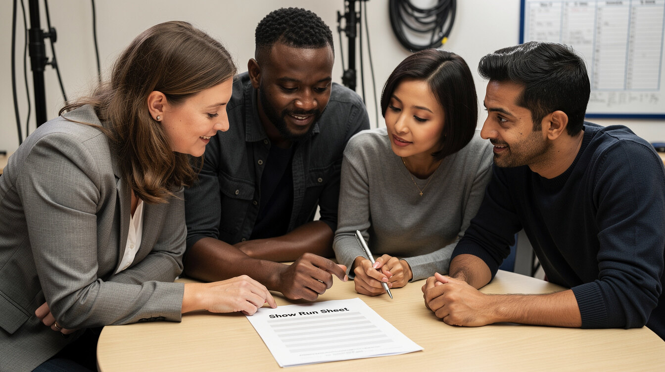 Production crew gathered around a table planning a broadcast