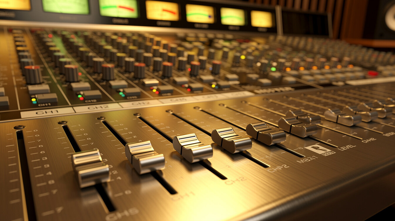 Close up of an audio mixing console with sliders and knobs