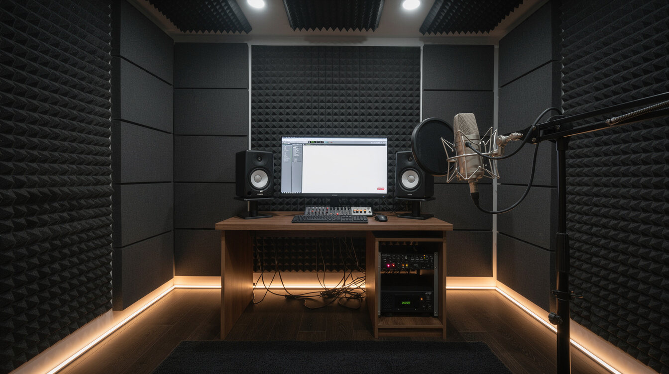 Sound treated recording studio with acoustic panels