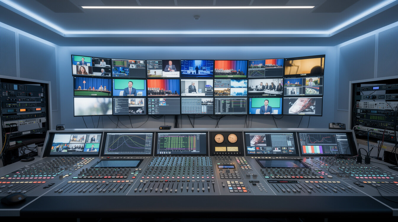 Broadcast control room with rows of video monitors