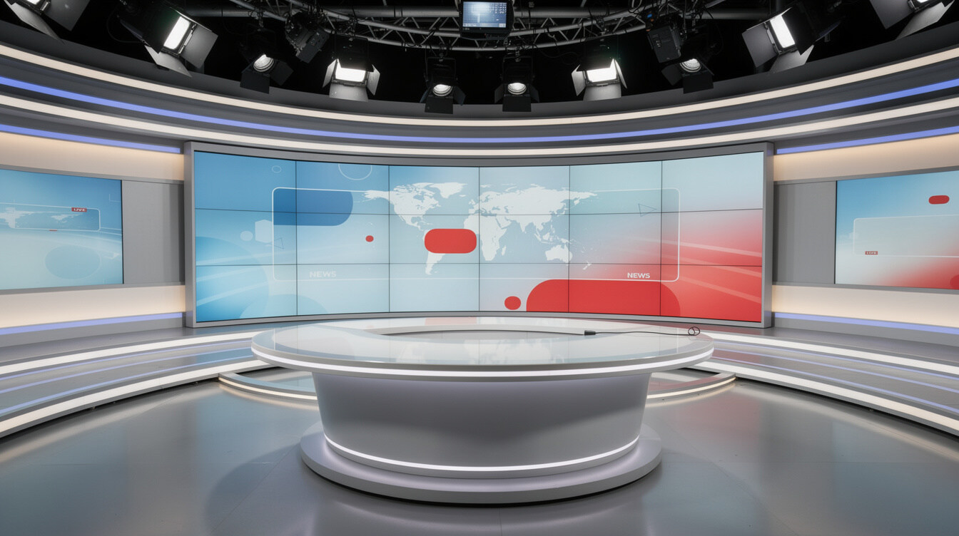 Television news studio set with anchor desk and screens