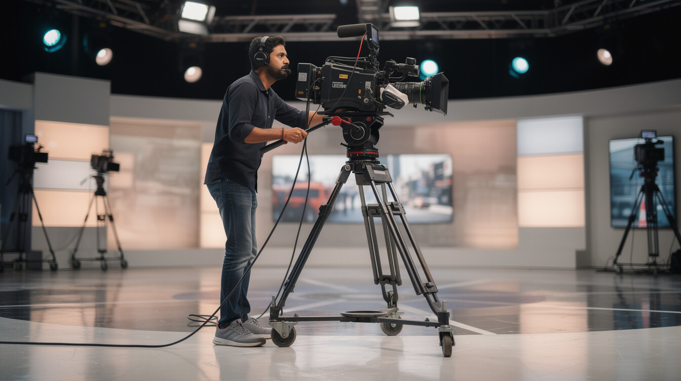 Camera operator filming a live studio broadcast
