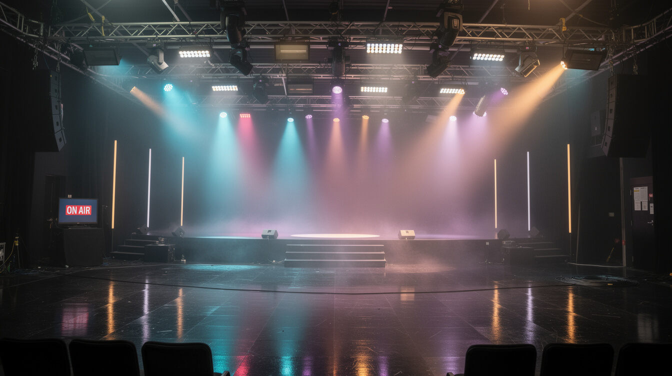 Live show stage with colourful concert lighting rig